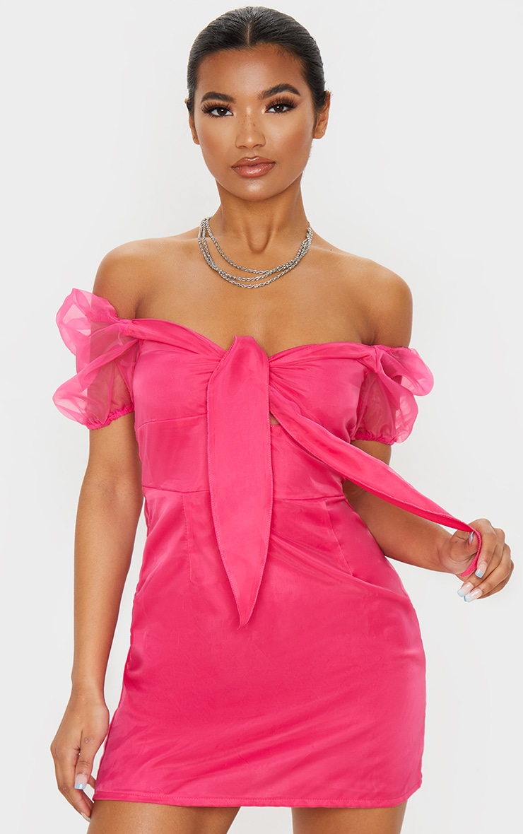 Pink Organza Tie Front Puff Sleeve Shift Dress