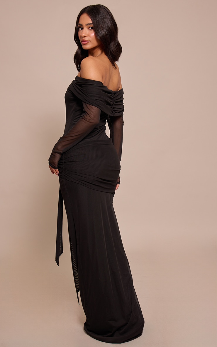Petite Robe longue asymétrique noire à col bardot et manches longues image 2