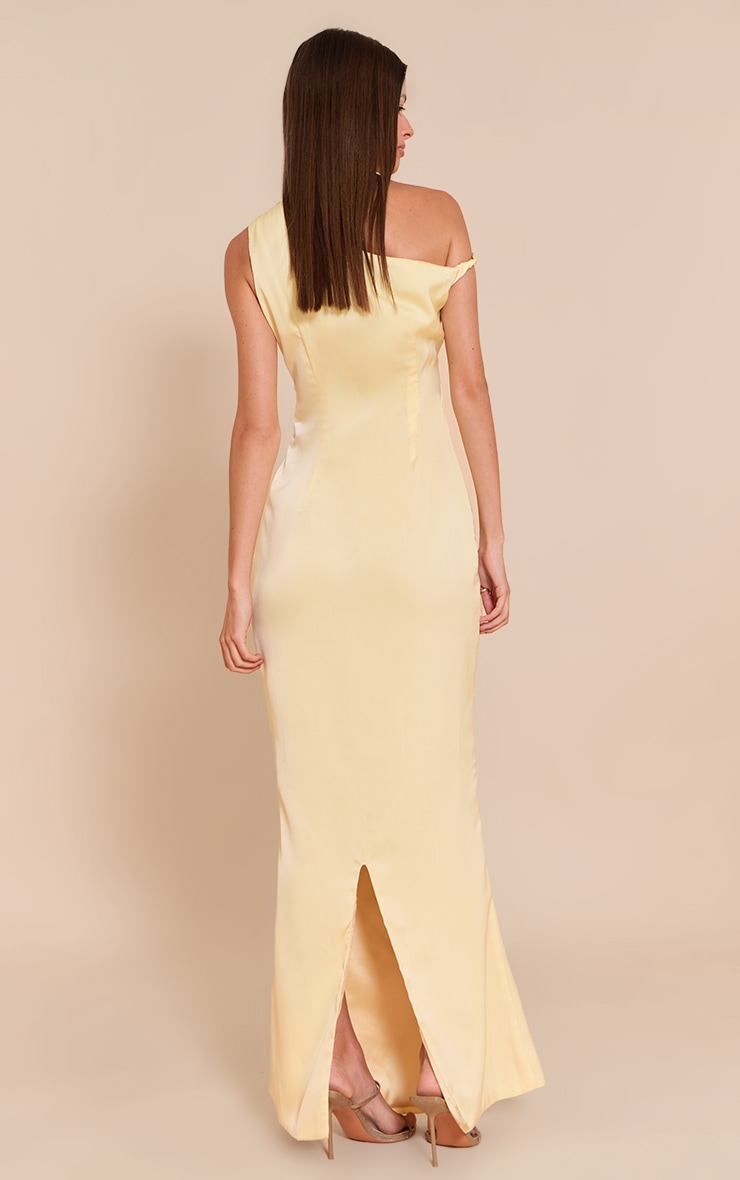 Lemon Satin Asymmetric Bardot Twist Maxi Dress image 2