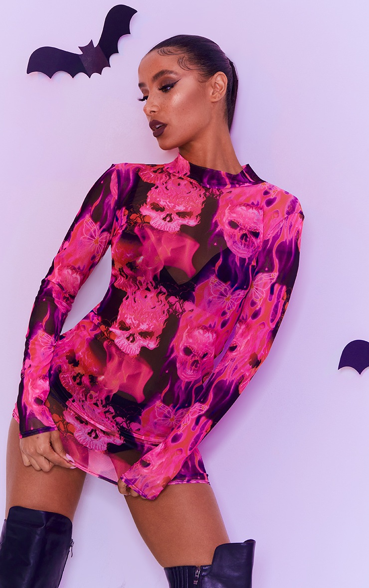 Pink Skeleton Butterfly Print Mesh High Neck Long Sleeve Bodycon Dress