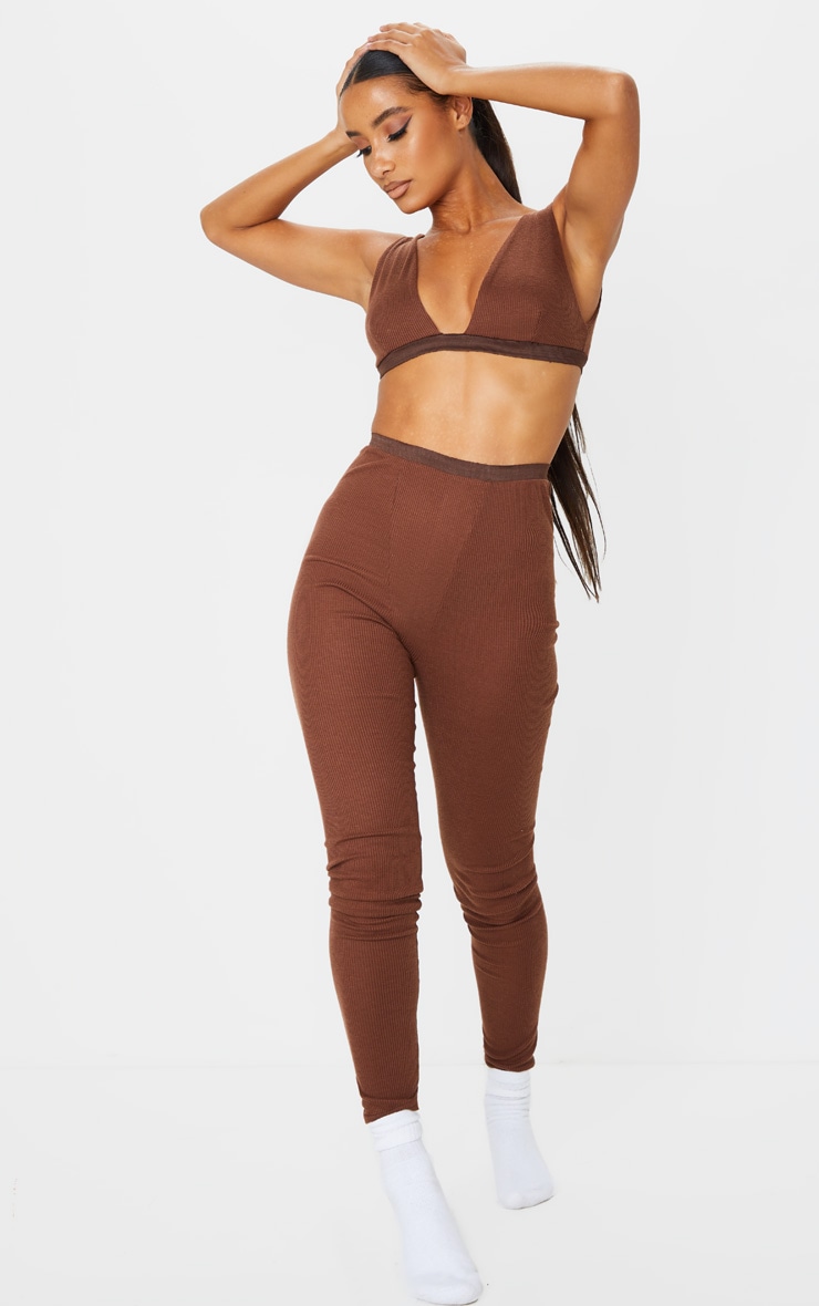 Chocolate Brown Double Layer Ribbed High Waist Leggings