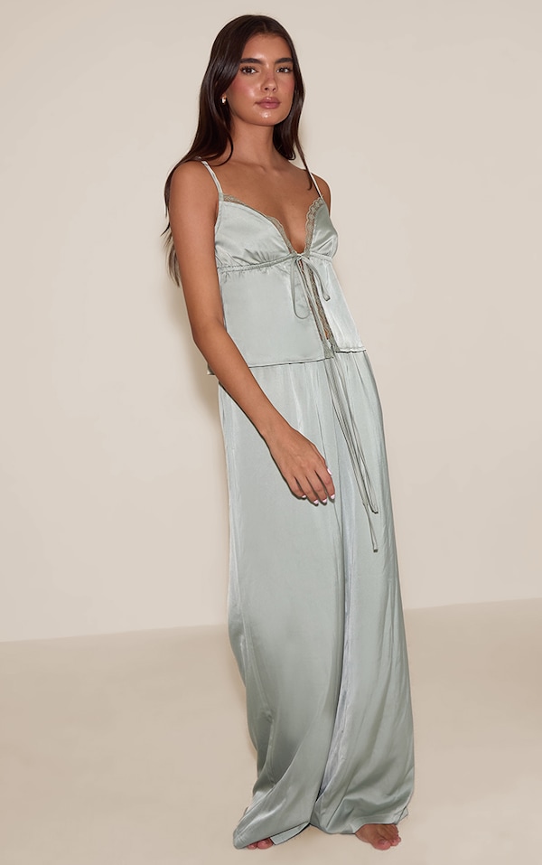 Sage Satin Lace Detail Tie Front Cami PJ Set