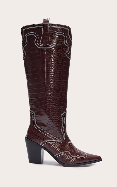 Bottes hautes pointues en PU bordeaux effet croco à talon carré haut et coutures style western