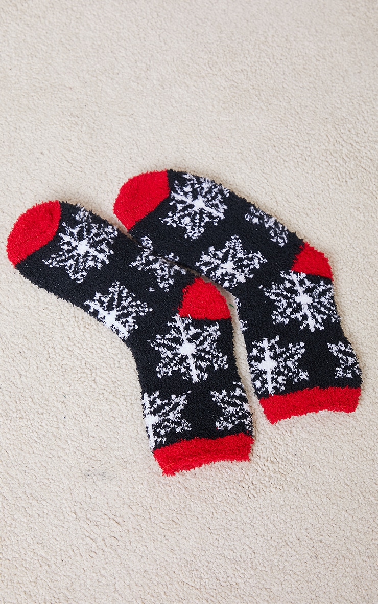 Black Snow Flake Fluffy Sleep Socks image 3