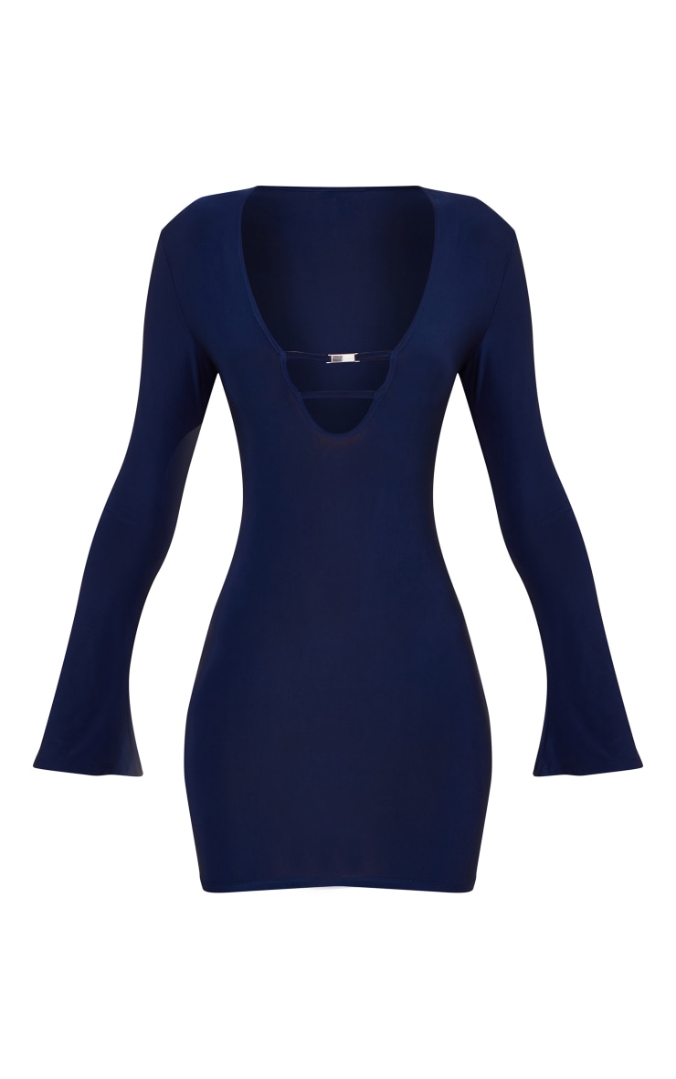 Navy Slinky Cut Out Trim Detail Long Sleeve Bodycon Dress image 1