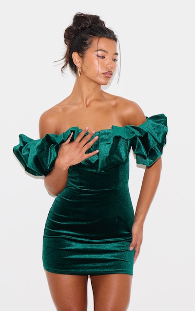 Emerald Green Velvet Bardot Ruffle Bodycon Dress