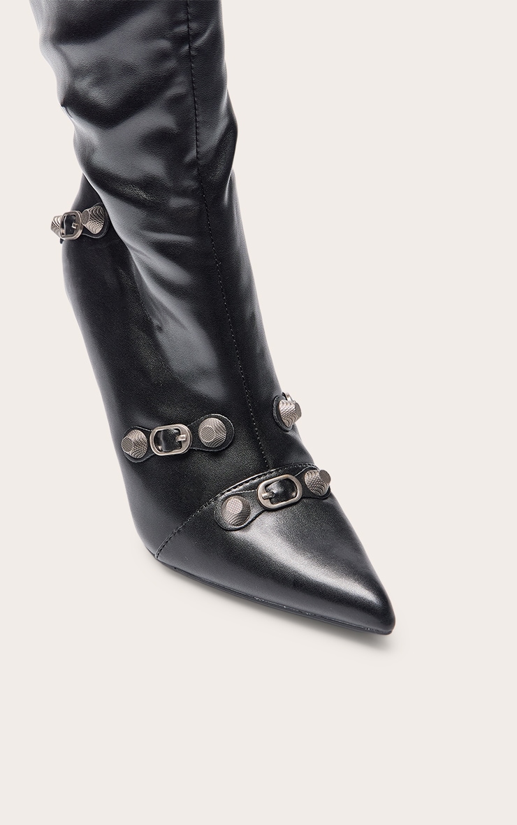 Black PU Zip Detail Point Toe High Heeled Knee Boots image 5