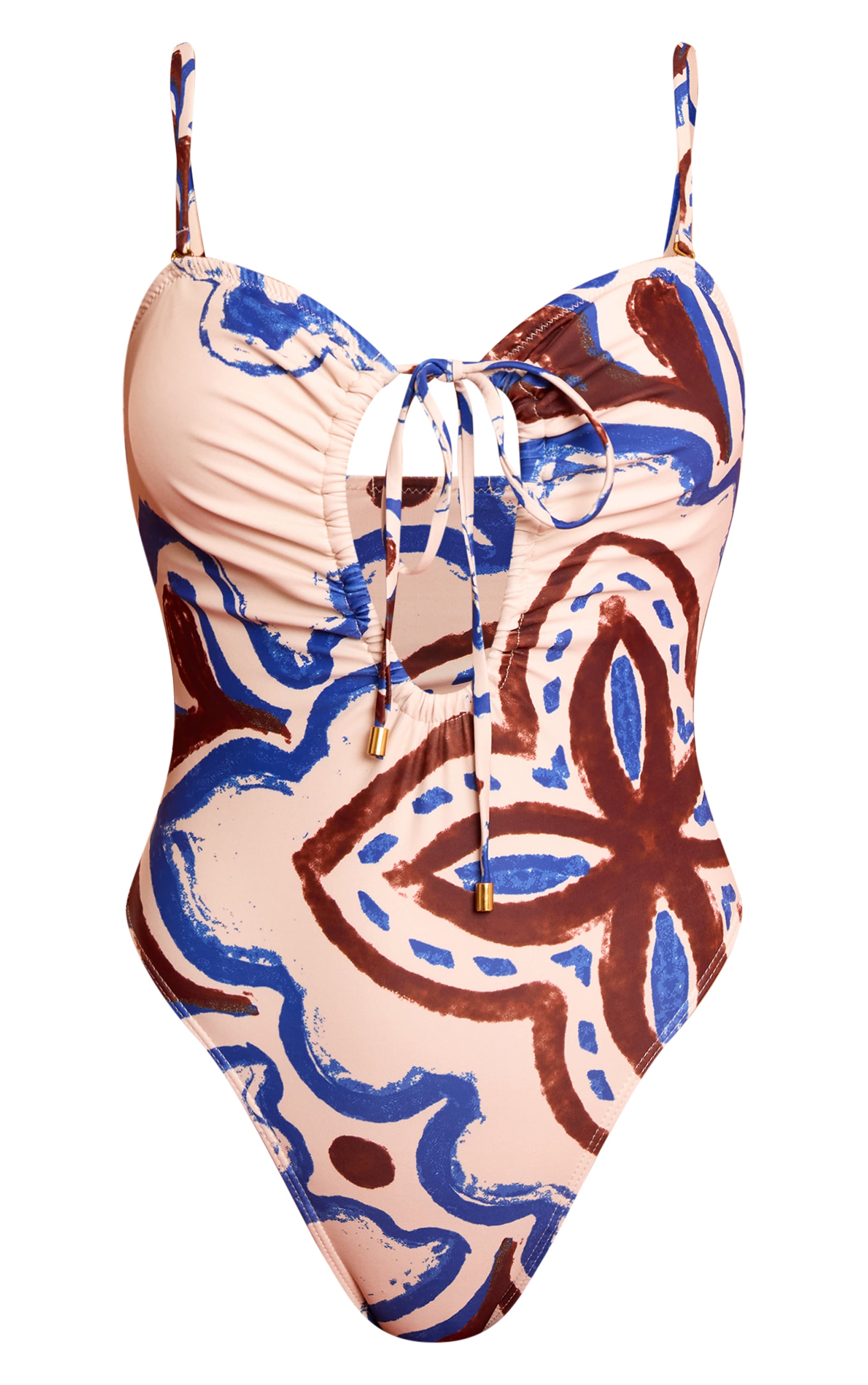 Cream Tile Print Tie Front High Leg Swimsuit image 5