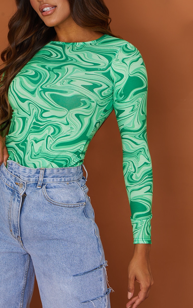 Green  Swirl Print Crew Neck Long Sleeve Bodysuit image 4