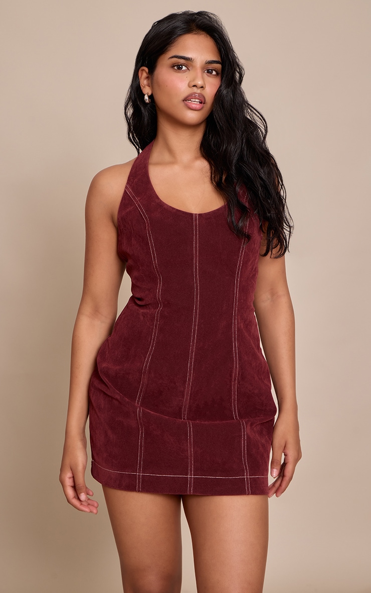 Petite Burgundy Suede Halterneck Fitted Mini Dress image 1