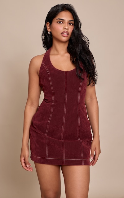 Petite Burgundy Suede Halterneck Fitted Mini Dress