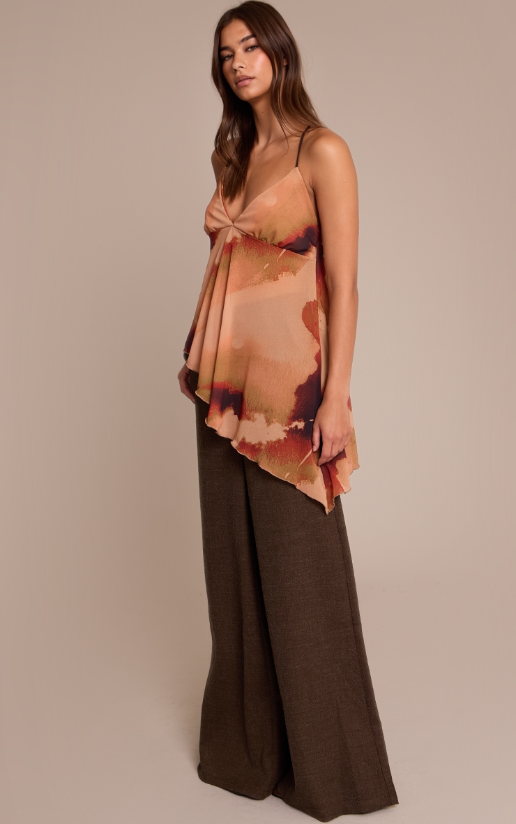 Orange Printed Chiffon Extreme Longline Asymmetric Hem Strappy Top image 3