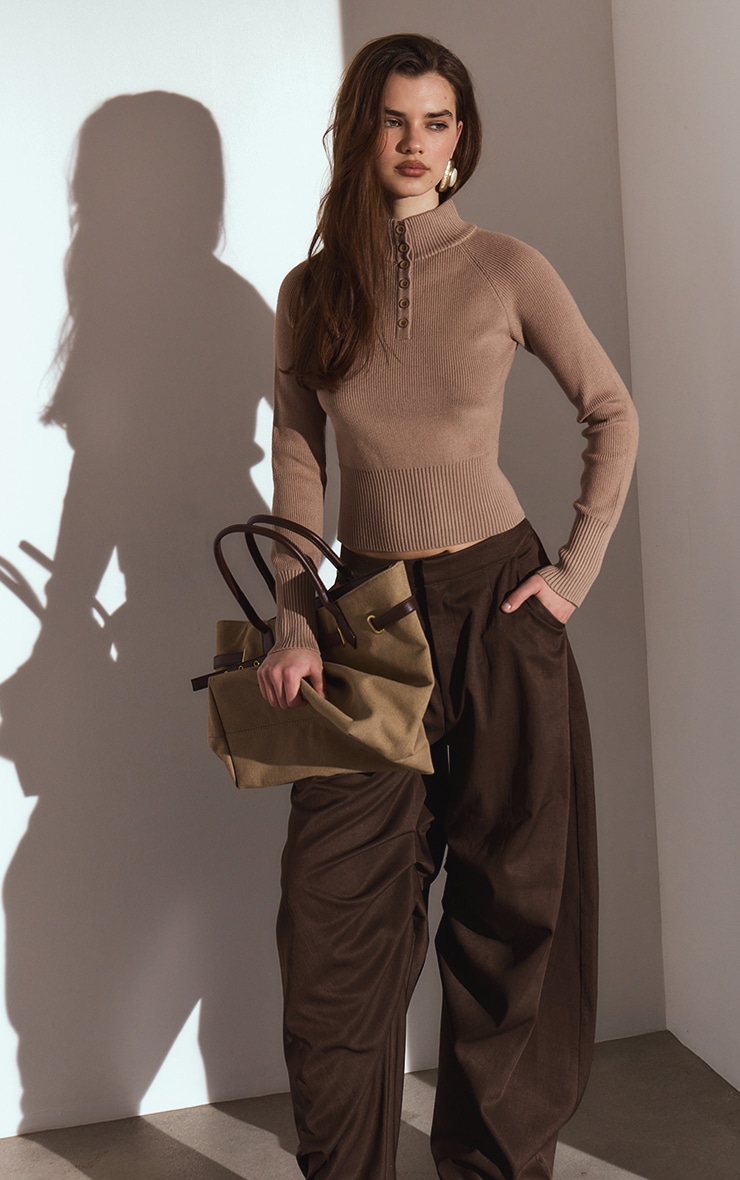 Oatmeal Ribbed Knit Cinched Waist Polo image 3