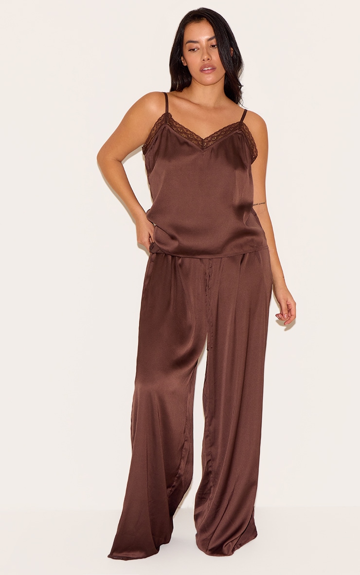 Plus Chocolate Satin Lace Trim Cami Long Pj Set image 3