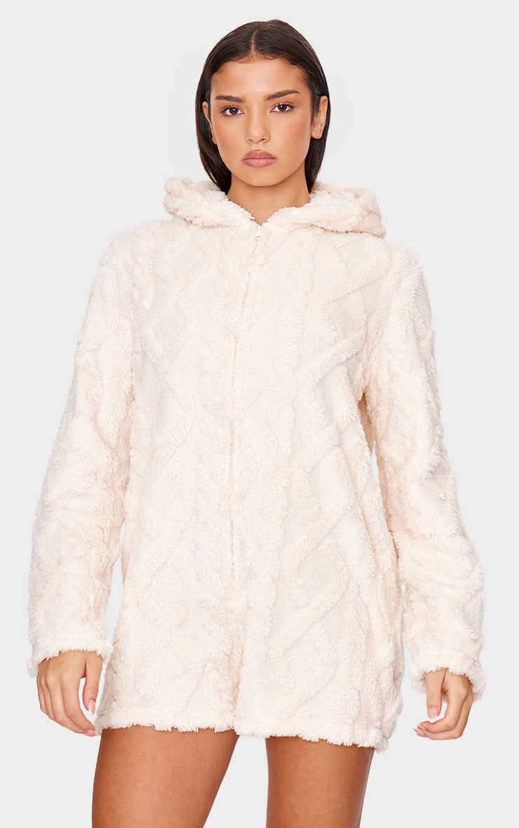 Cream Cable Fleece Hooded Romper image 1