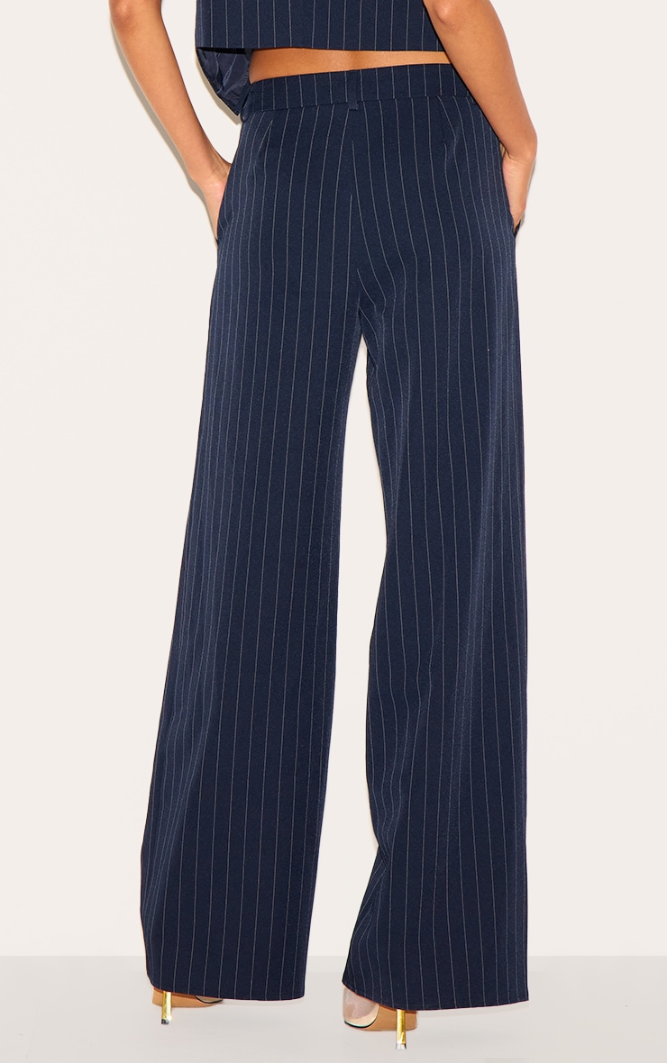 Dark Blue Tailored Woven Stripe Mid Rise Wide Leg Pants image 3