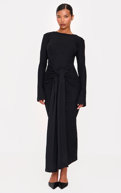 Black Heavy Brushed Rib Wrap Tie Maxi Dress
