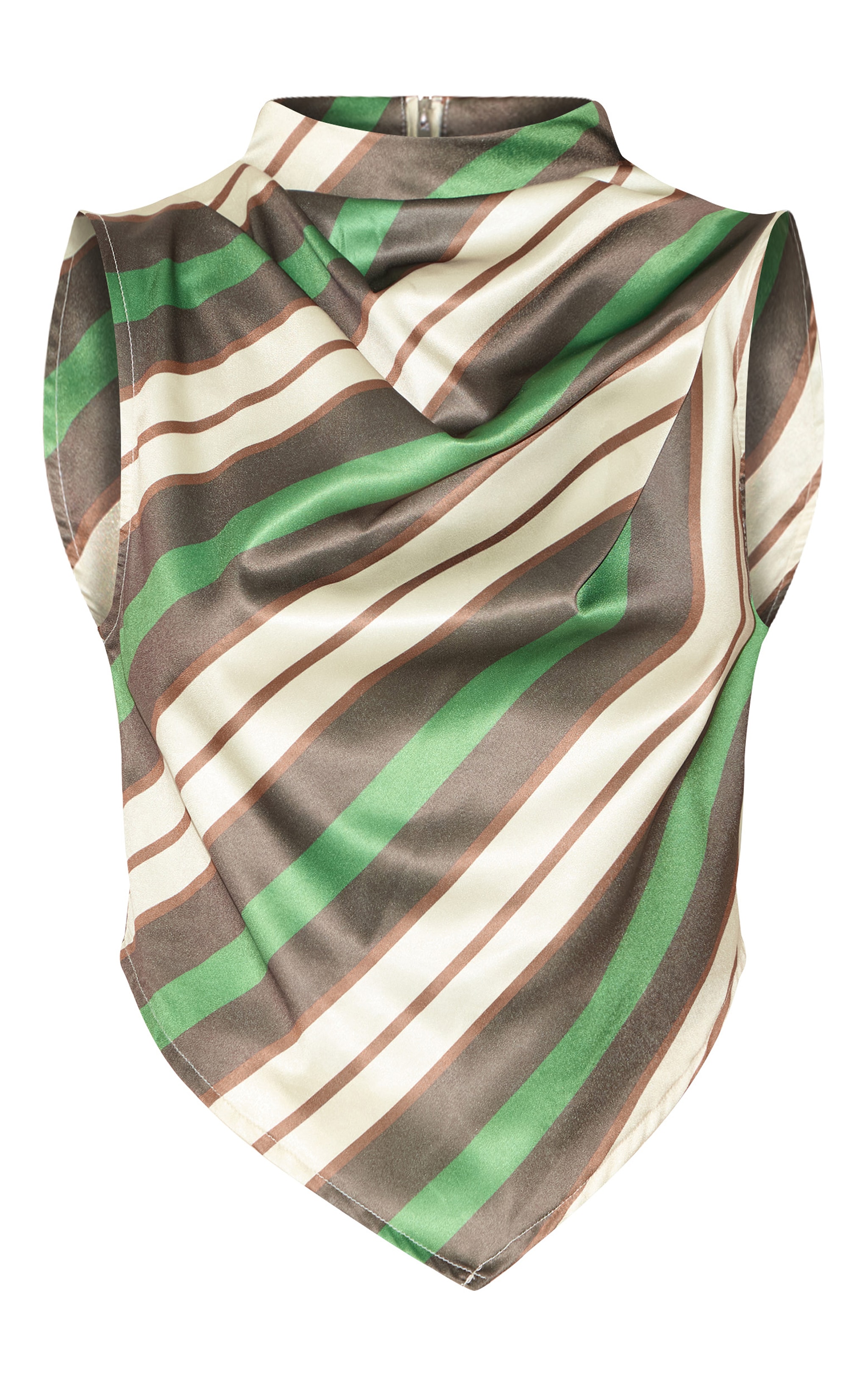Green Satin Stripe High Neck Cowl Top image 5