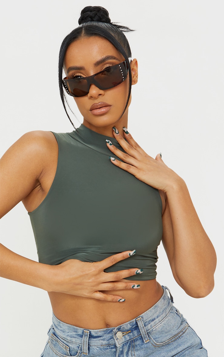 Khaki Slinky High Neck Racer Crop Top image 4