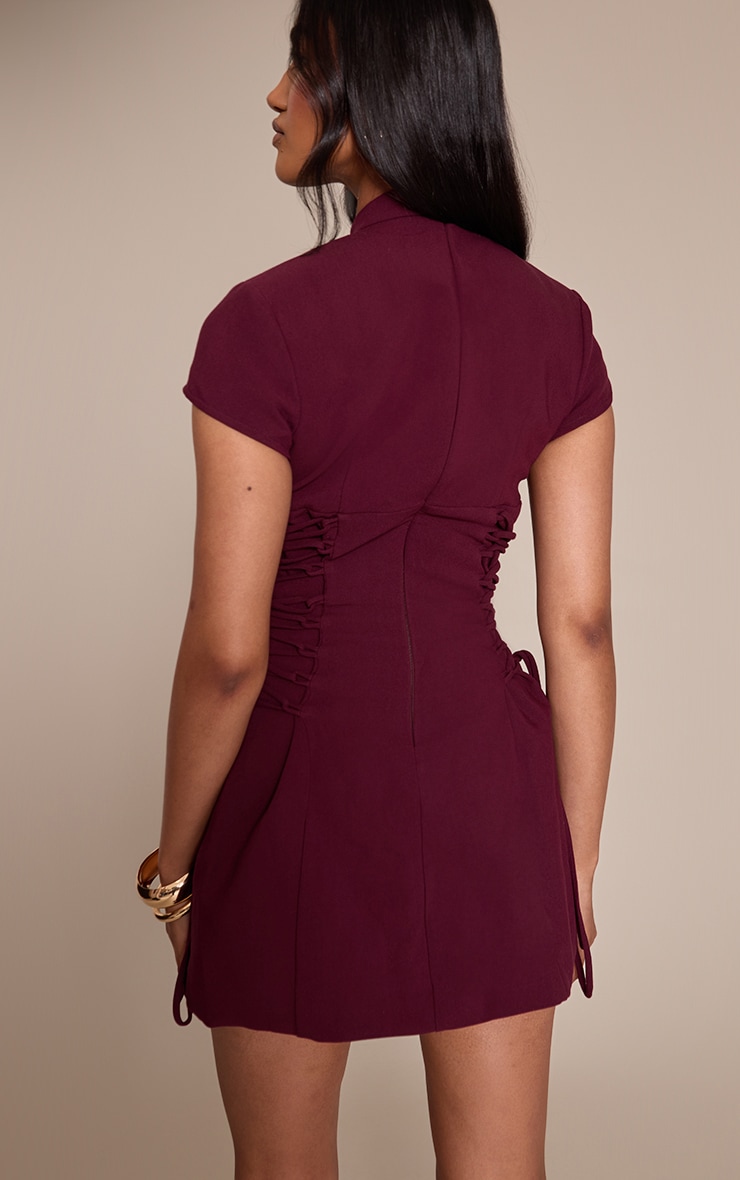 PLT Label Robe de tailleur trapèze prune à col mandarin et lacets image 2