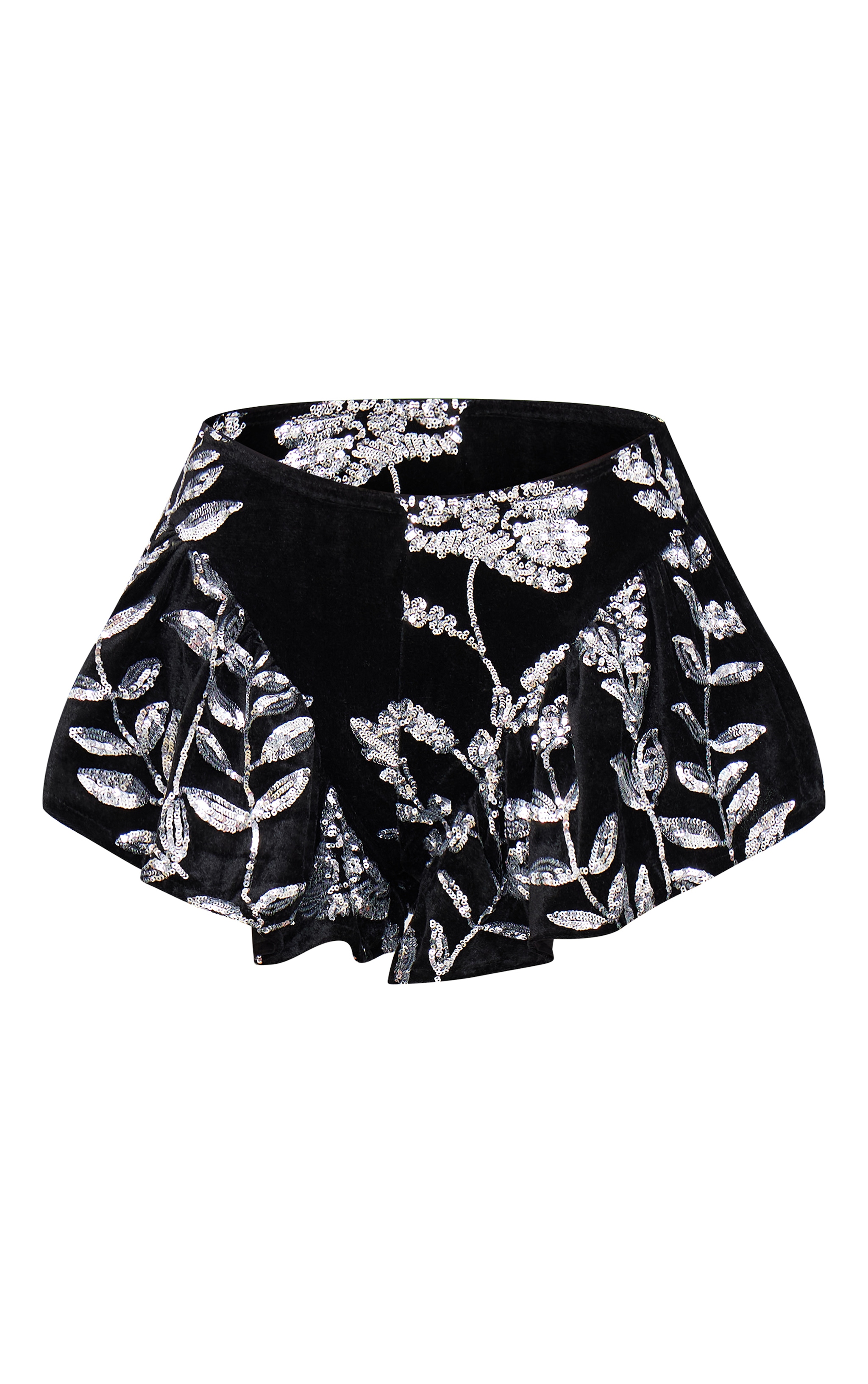 Black Velvet Floral Sequin Embellished Shorts image 6