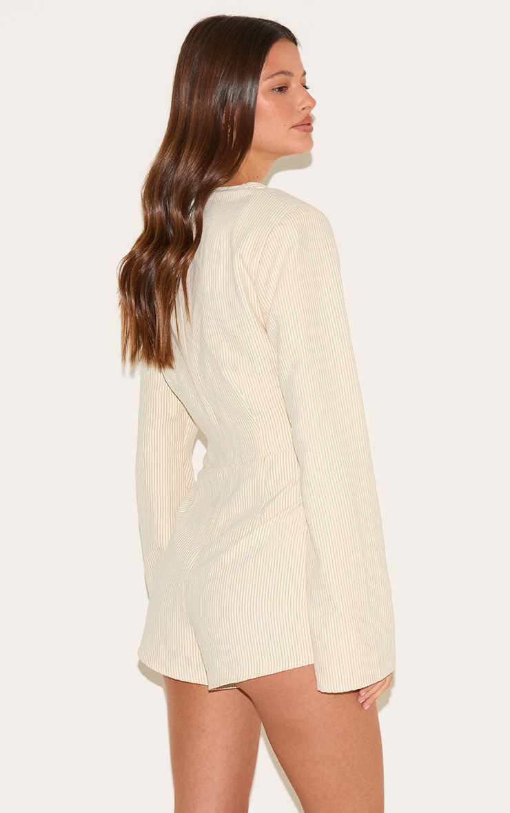 Cream Pinstripe Peachskin Wrap Front Long Sleeve Romper image 2