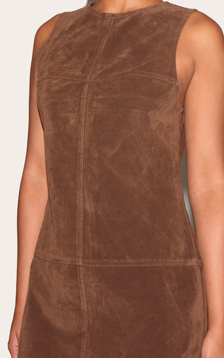Deep Chocolate Structured Faux Suede Seam Detail Sleeveless Shift Dress image 4