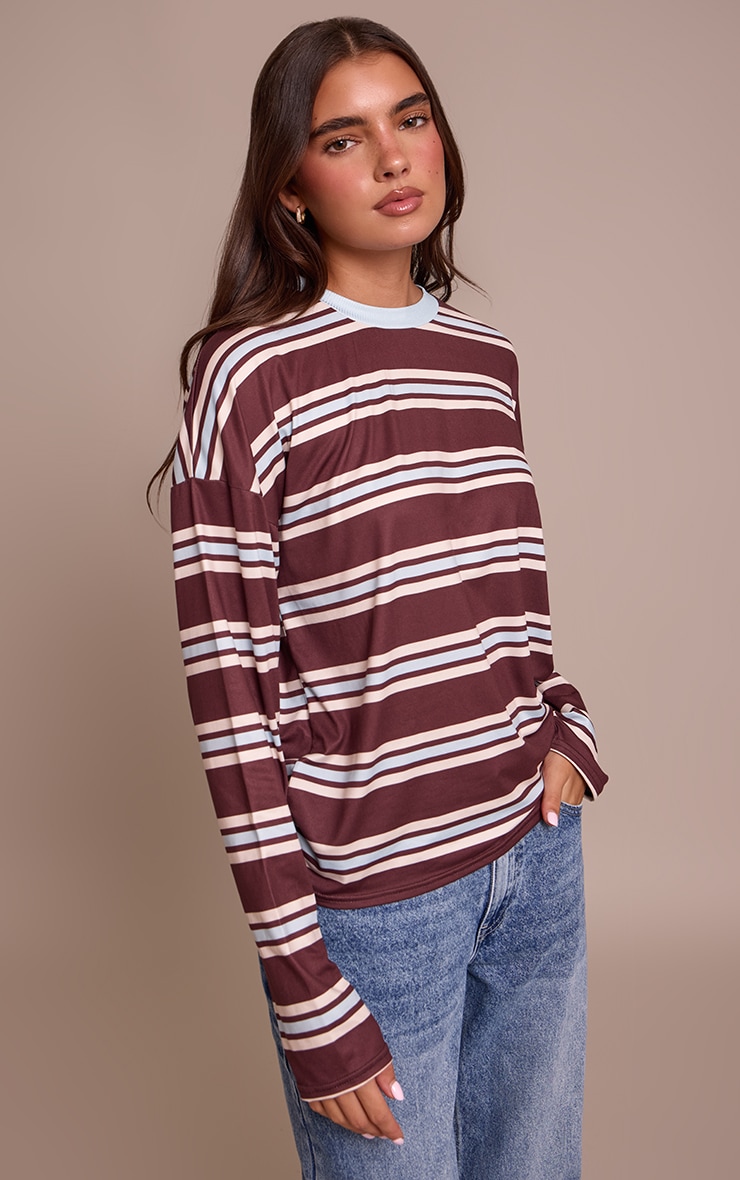 Burgundy Stripe Crew Neck Long Sleeve Top image 1