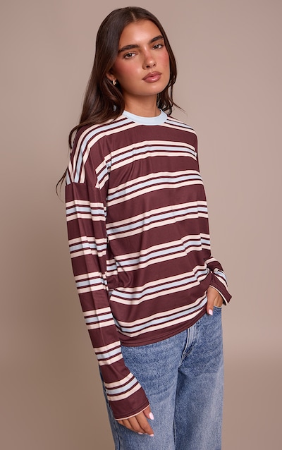 Burgundy Stripe Crew Neck Long Sleeve Top