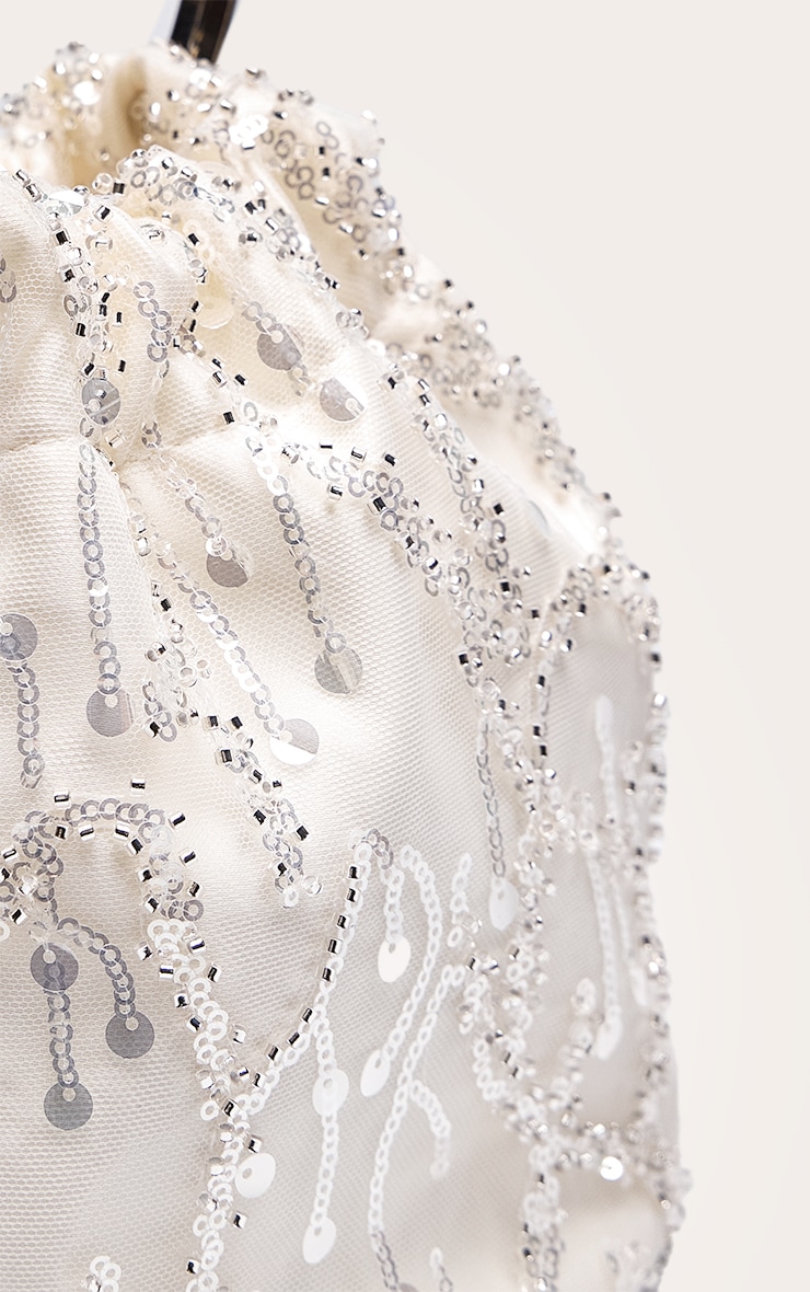 Cream Satin Embellished Ruched Clutch Bag image 3