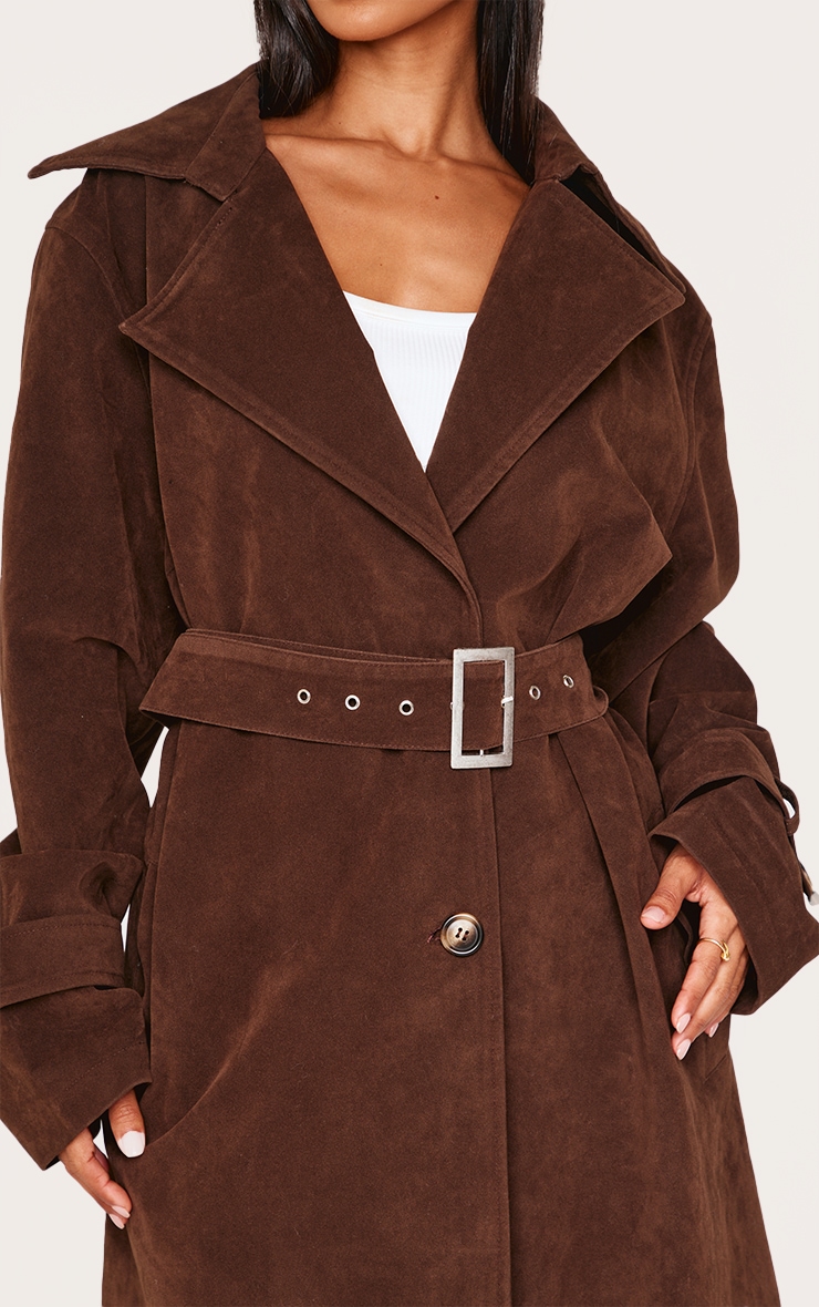 Petite Chocolate Faux Suede Belted Trench Coat image 4