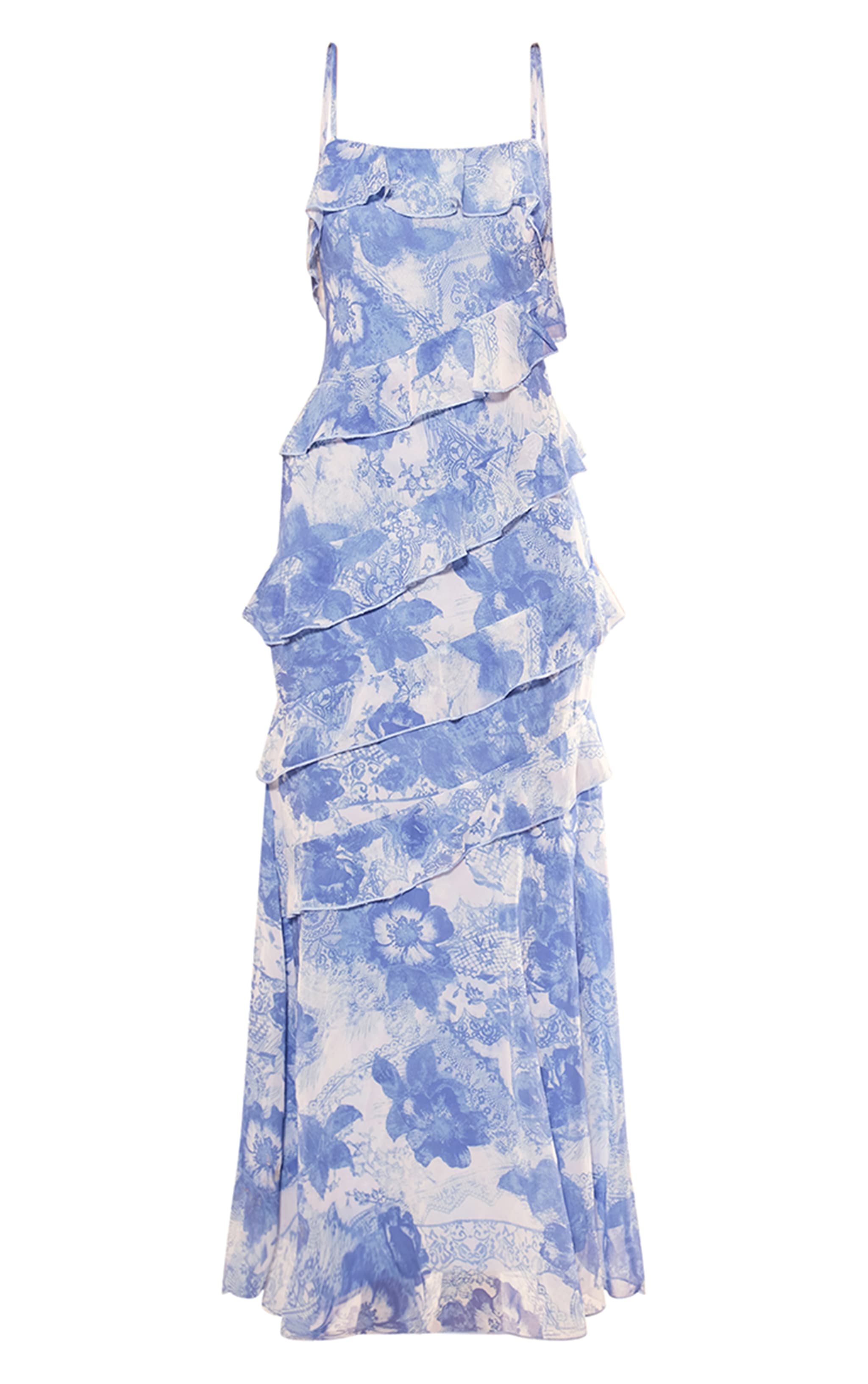 Blue Floral Chiffon Extreme Frill Maxi Dress image 5