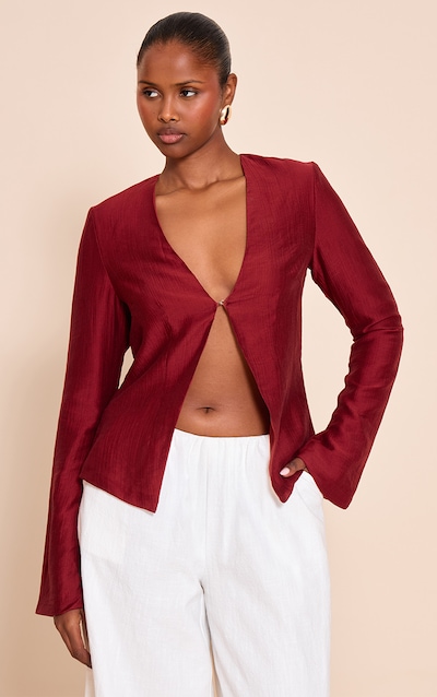 Deep Red Textured Hook & Eye Flare Sleeve Shirt