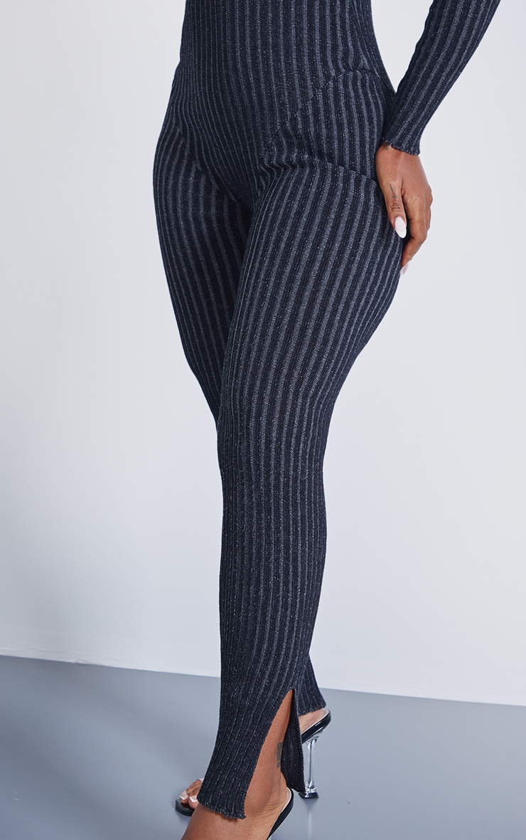 Shape Charcoal Contrast Rib Knit Long Sleeve Plunge Jumpsuit image 4