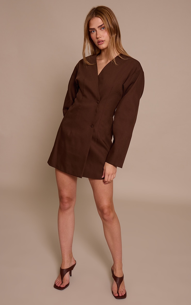 Deep Chocolate Woven Balloon Sleeve Blazer Dress