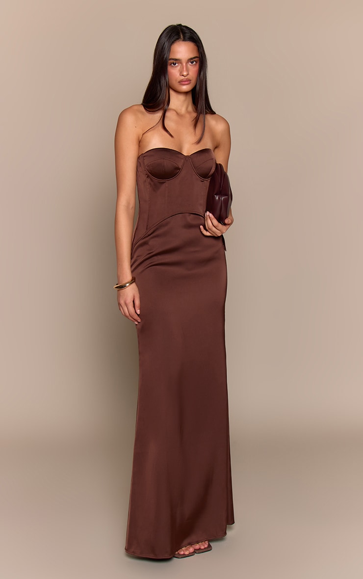 Deep Chocolate Corset Detail Overlay Maxi Dress image 3