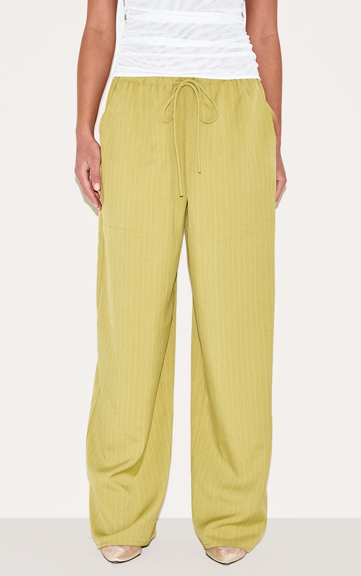 Sage Olive Pinstripe Woven Drawstring Low Rise Relaxed Pants image 1
