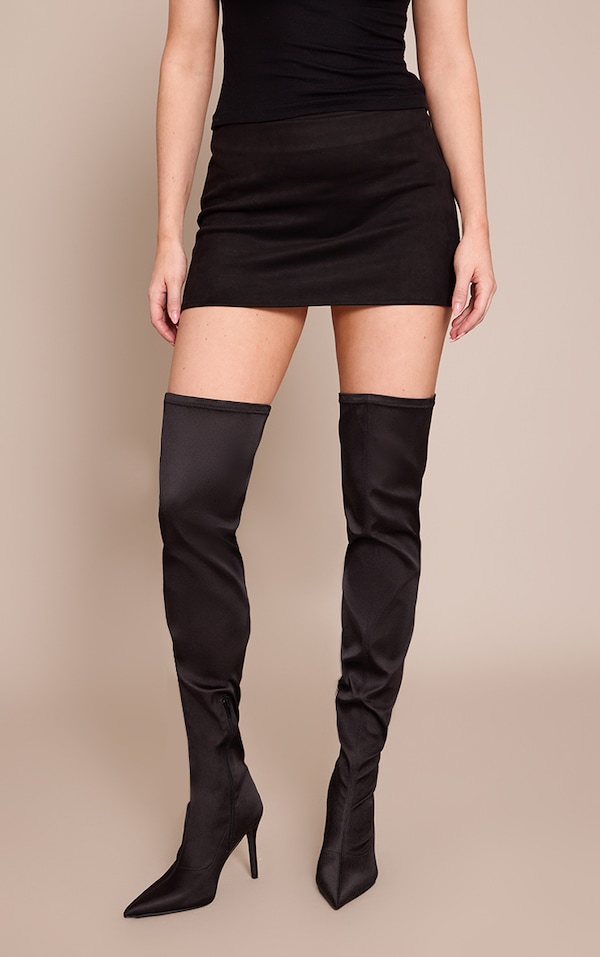 Black Satin Point Toe Over The Knee Stiletto Boot