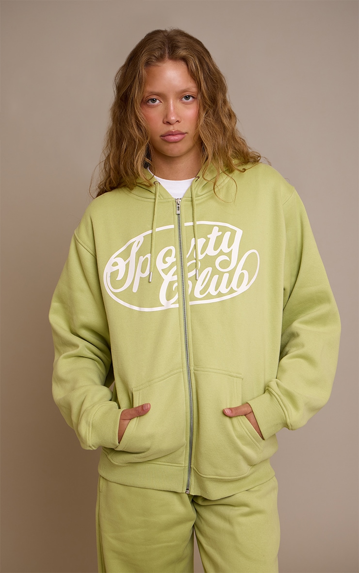 Sage Green Sports Club Cotton Fleece Full Zip Hoodie image 4