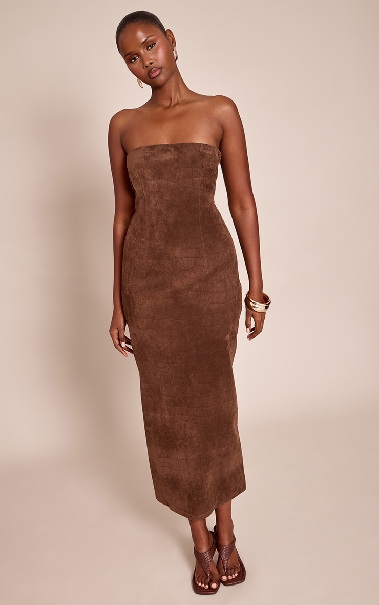 Chocolate Faux Suede Bandeau Bodycon Midaxi Dress image 1