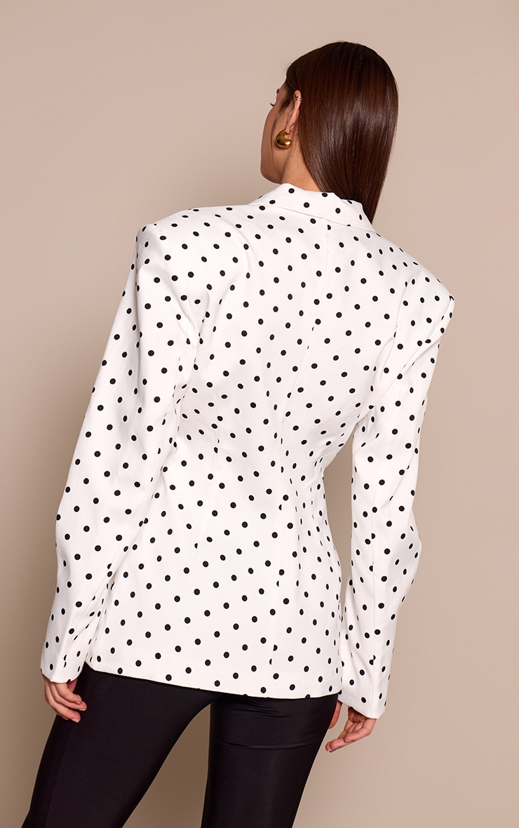 White Polka Dot Lapel Detail Button Down Cinch Waist Blazer  image 2