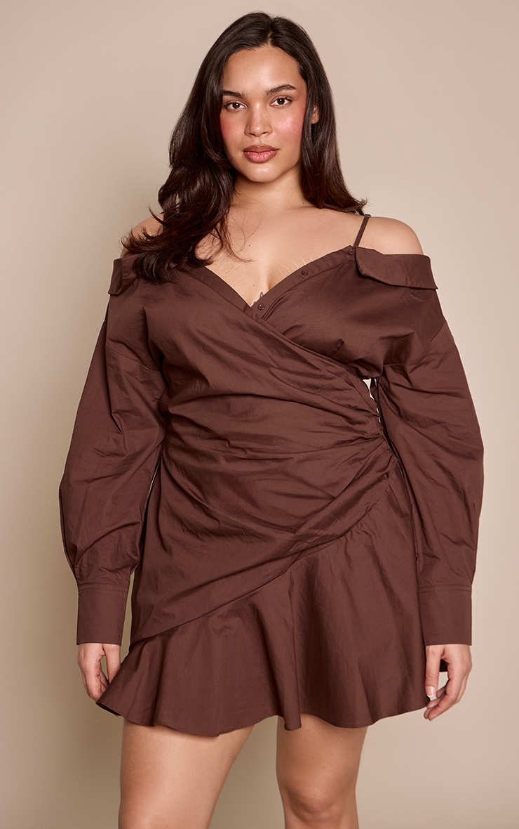 Plus Chocolate Off The Shoulder Asymmetric Shirt Dress