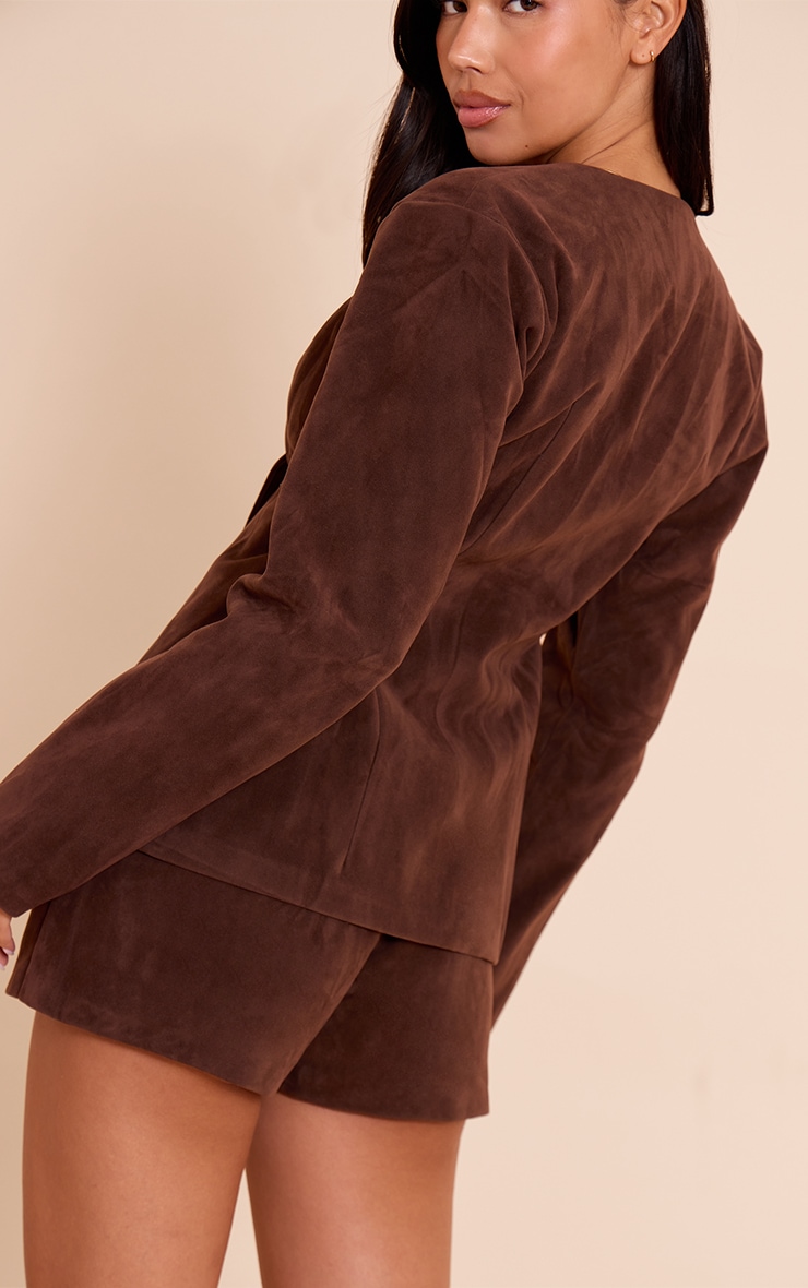 Dark Brown Structured Faux Suede Tailored Shorts image 3