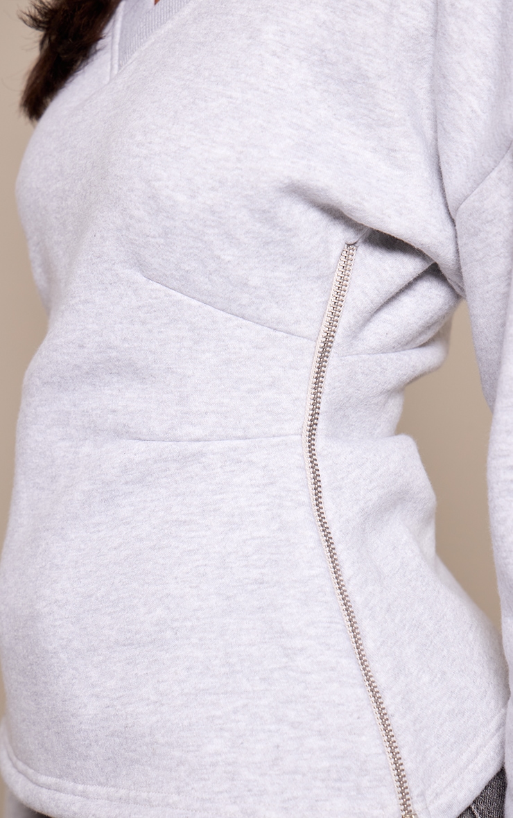 Petite Ash Grey V Neck Cinched Waist Sweatshirt  image 4