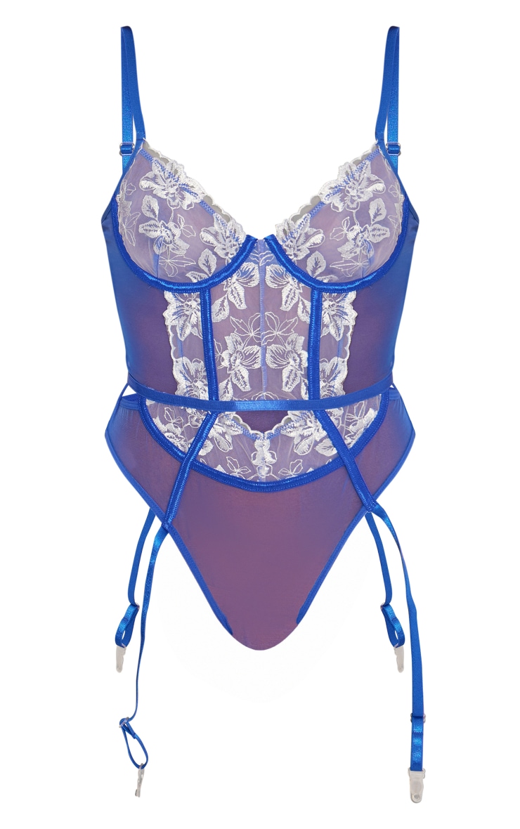 Body porte-jarretelles bleu à broderies fleuries contrastées image 5