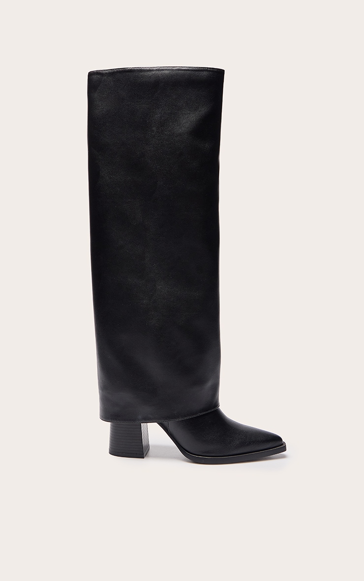 Bottes repliées en PU noir à talon carré image 2