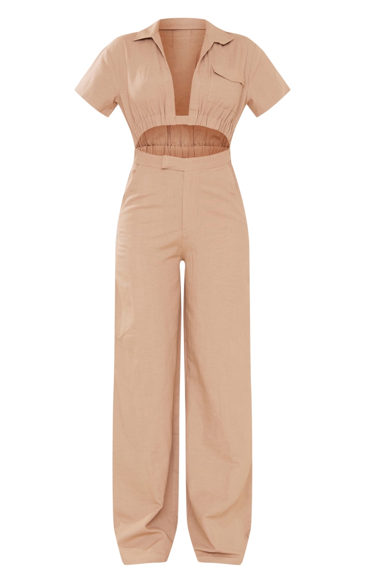 Camel Linen Look Cargo Style Cut Out Short Sleeve Jumpsuit image 5