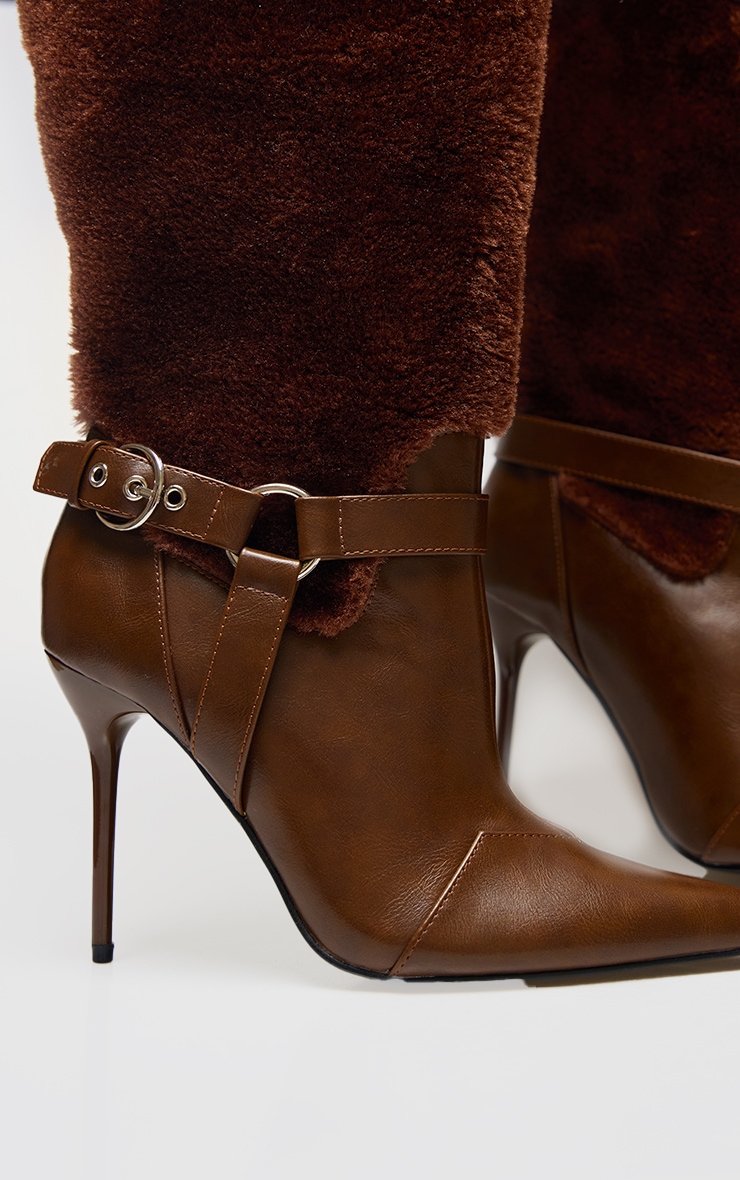 Brown PU Faux Fur Point Toe Over The Knee High Stiletto Heeled Boots image 4