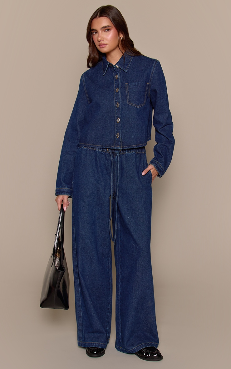 Indigo Raw Hem Cropped Style Denim Shirt image 3