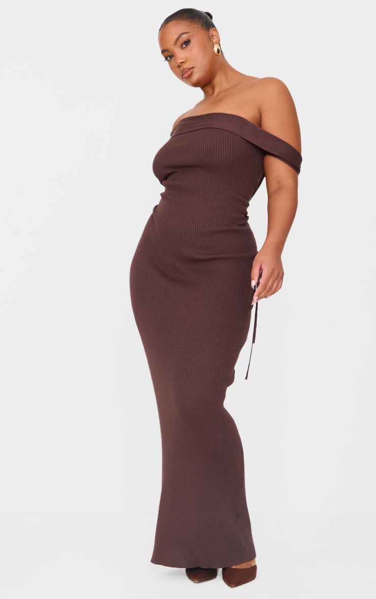 Plus Chocolate Rib Knit Asymmetric Neck Ruched Side Maxi Dress image 3